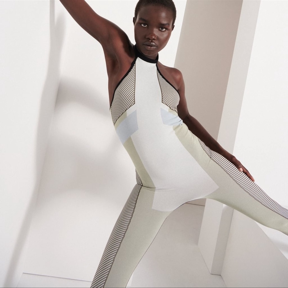 NWT Zara Sand Blue Color Block Seamless Jumpsuit Athleisure S/M